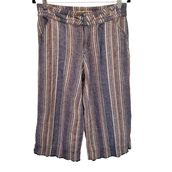 Democracy Size 4 Linen Blend Vertical Stripe Fringe Hem Capri Pants Summer - Picture 1 of 11